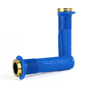 two blue mushroom waffle mountain  bike grips and gold lockrings on a white background
