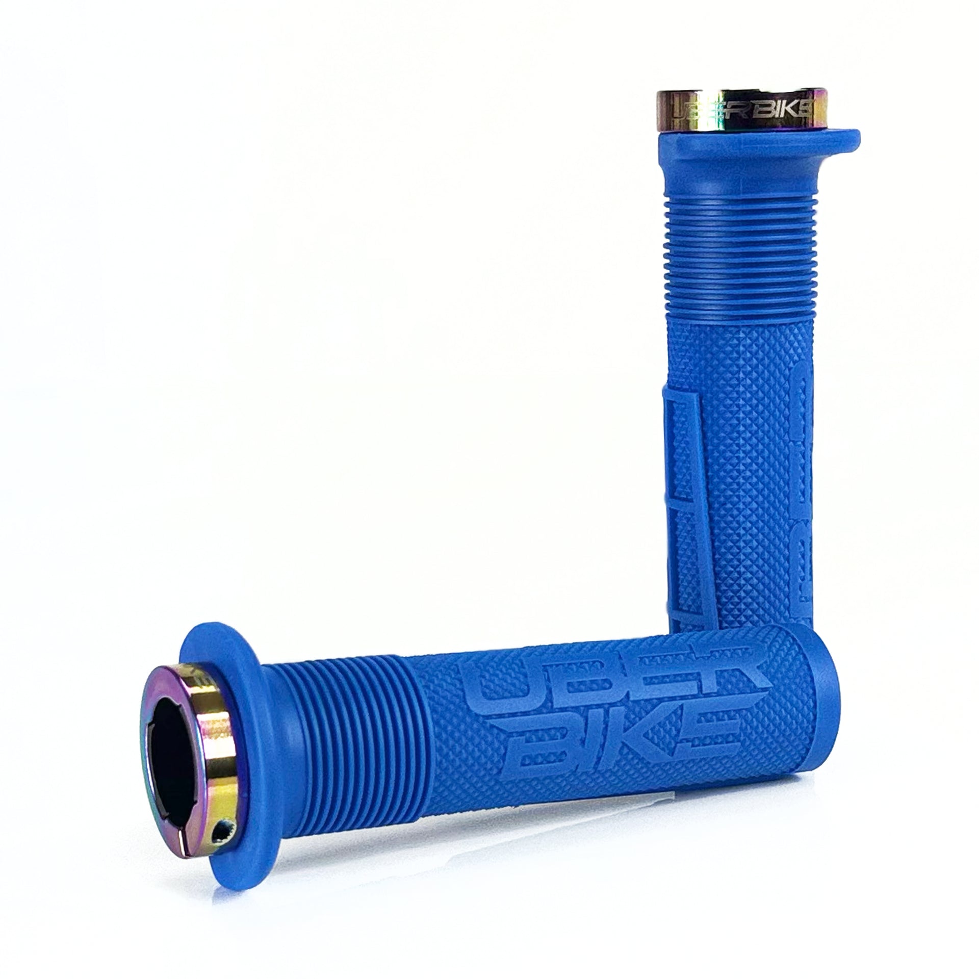 two blue mushroom waffle mountain  bike grips and oil slick lockrings on a white background