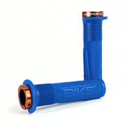 two blue mushroom waffle mountain  bike grips and orange lockrings on a white background