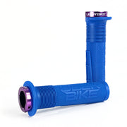 two blue mushroom waffle mountain  bike grips and purple lockrings on a white background