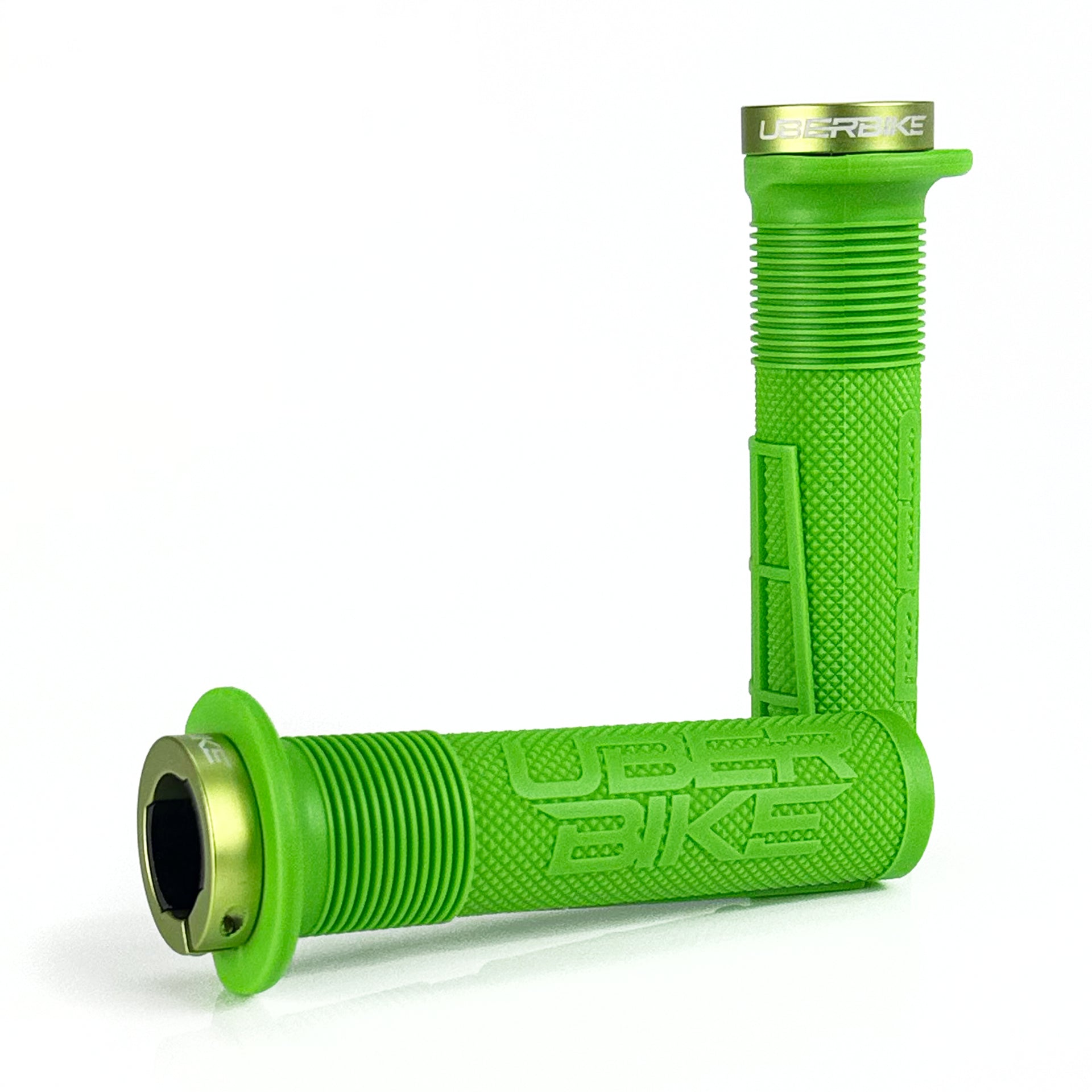 two green mushroom waffle mountain  bike grips and green lockrings on a white background
