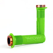 two green mushroom waffle mountain  bike grips and orange lockrings on a white background