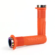 two orange mushroom waffle mountain  bike grips and oil slick lockrings on a white background