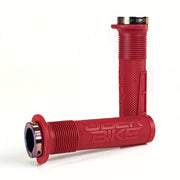 two red mushroom waffle mountain  bike grips and oil slick lockrings on a white background