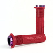 two red mushroom waffle mountain  bike grips and purple lockrings on a white background