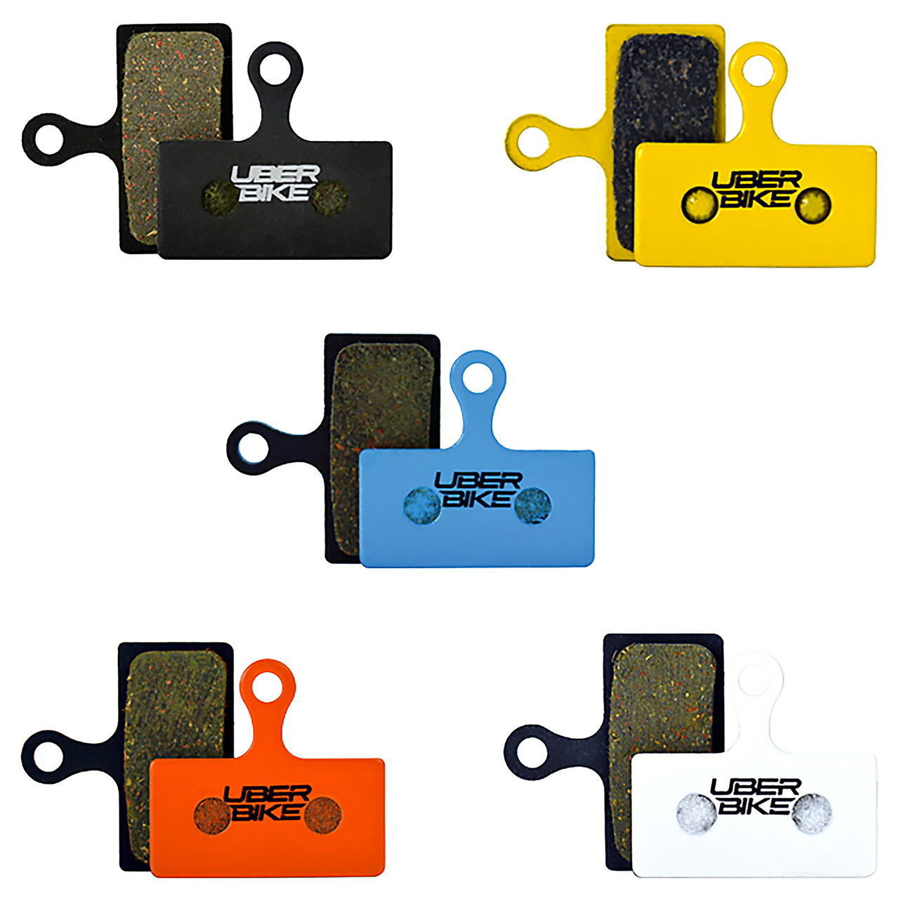 Collection of Uberbike brake pads in various colors on a white background.