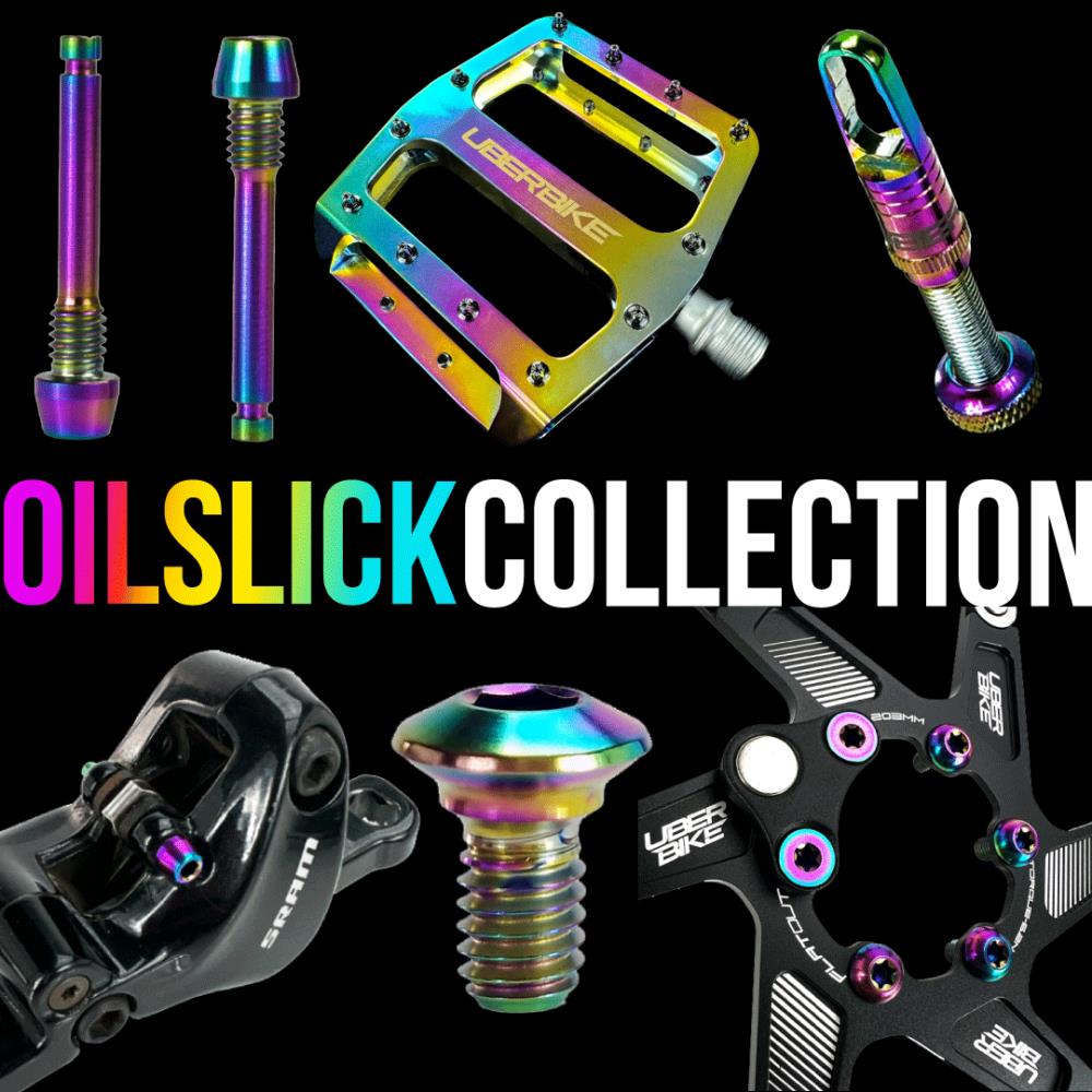 Colourful bike components with 'Oil slick Collection' text on a black background
