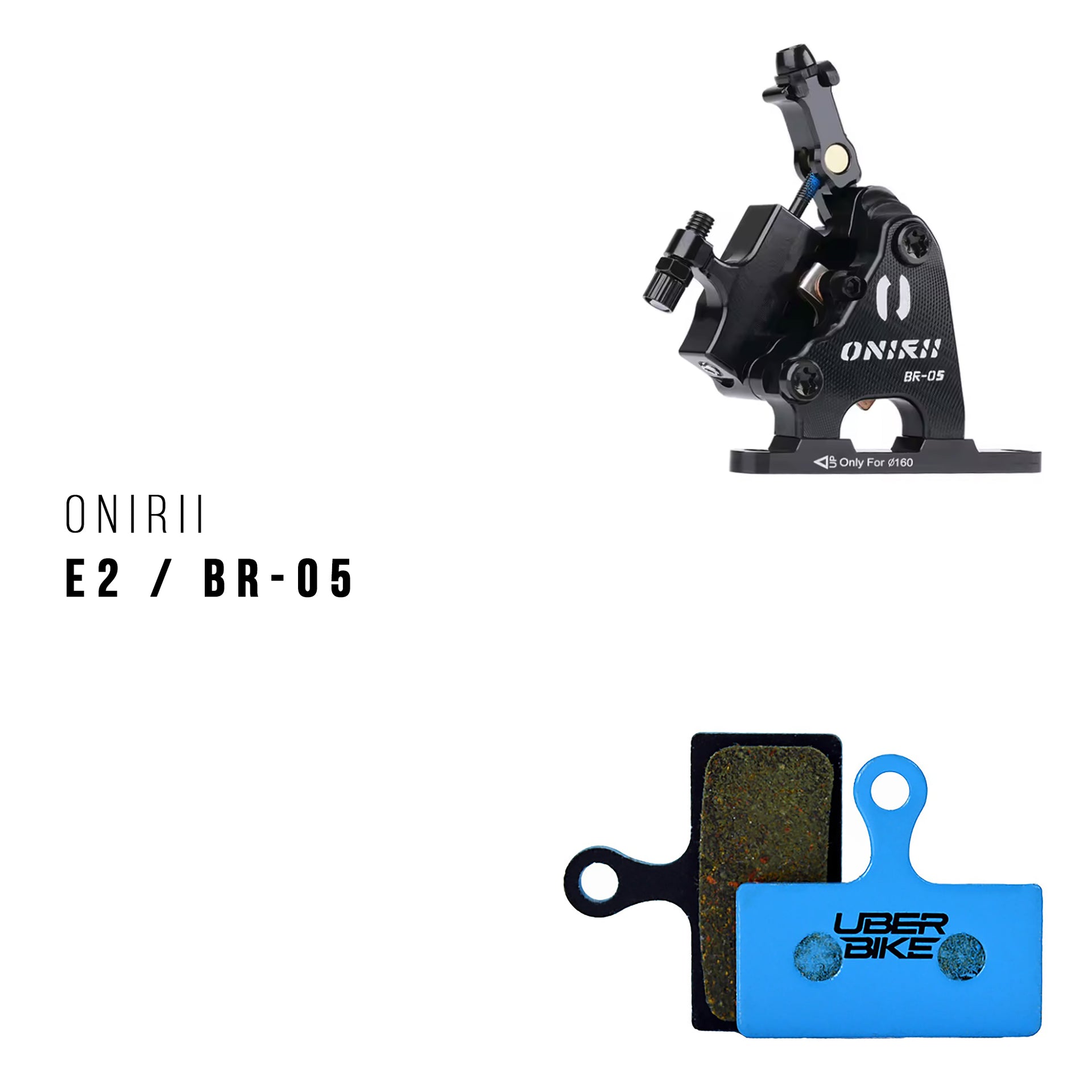 Onirii e2 Bicycle brake caliper and Uberbike pads on a white background