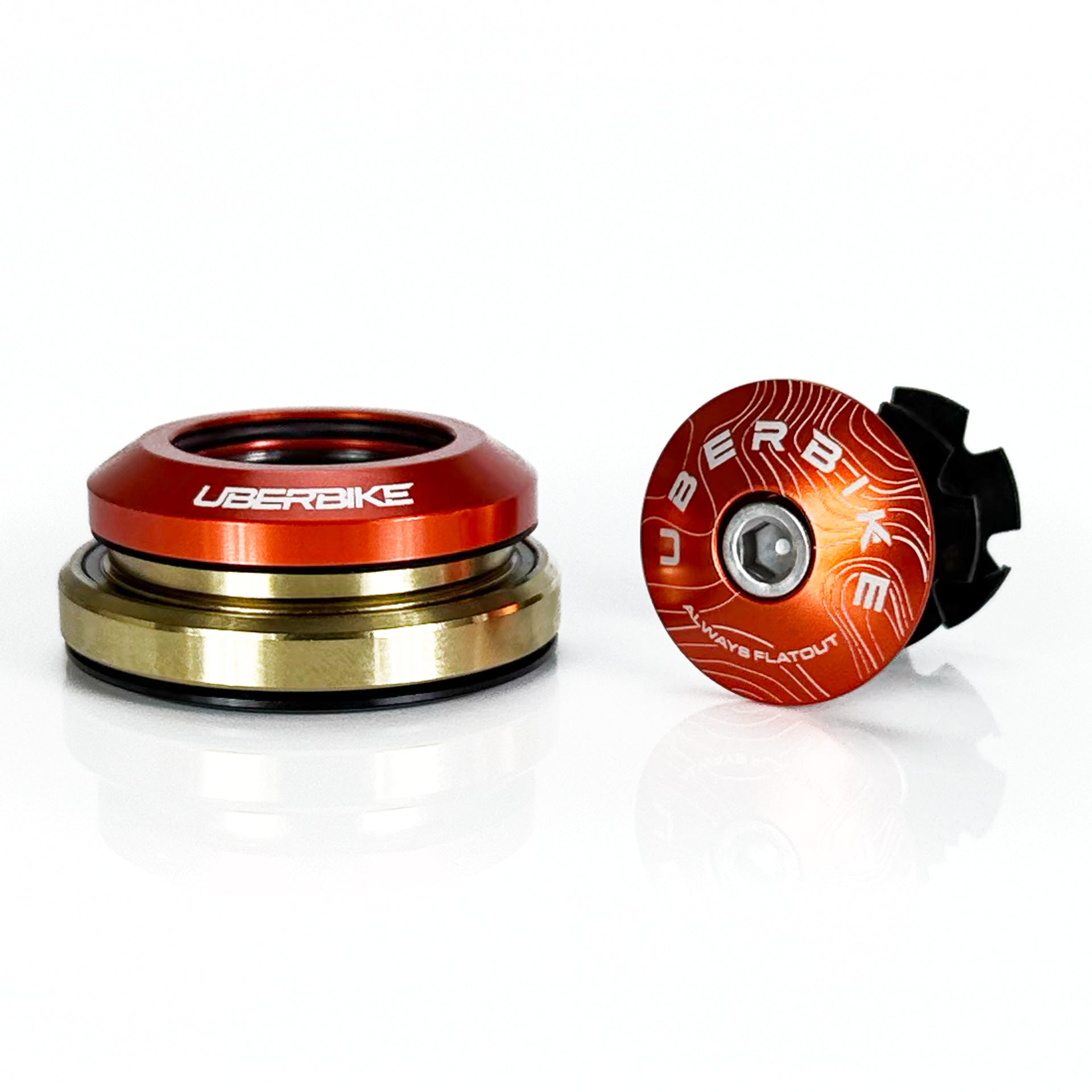 Integrated orange headset with Uberbike branding on a white background