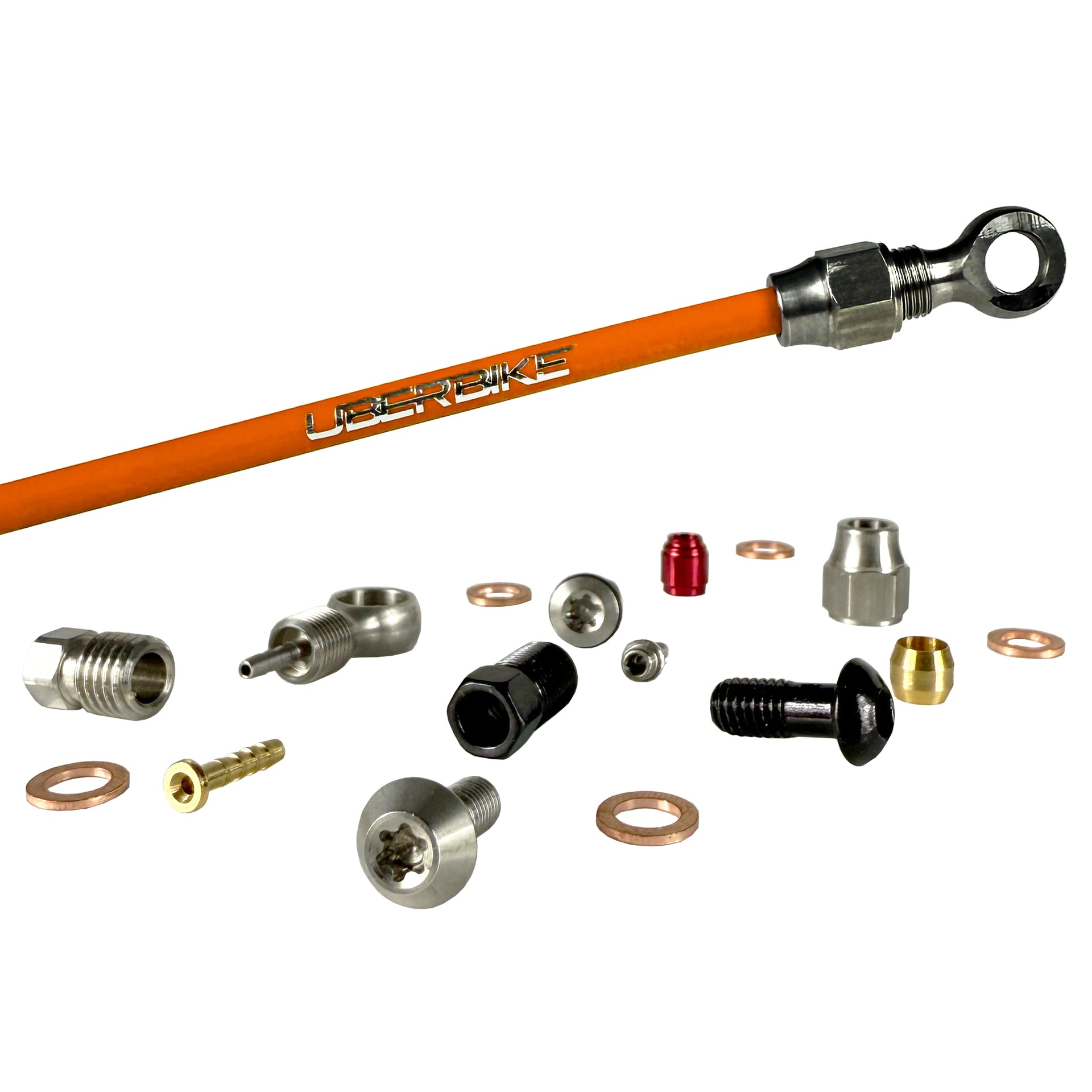 Orange hydraulic brake hose kit and fittings on a white background