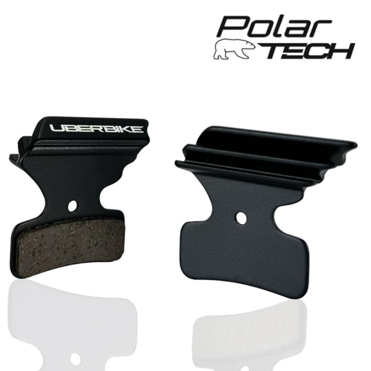 Black brake pads with Uberbike branding on a white background, featuring the Polar Tech logo.