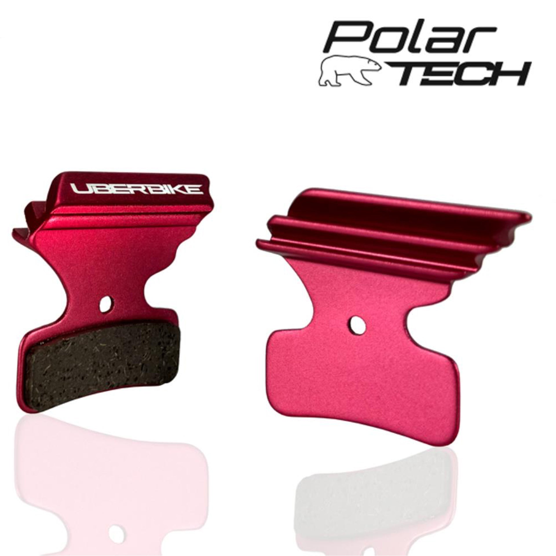 Red brake pads with Uberbike branding on a white background, featuring Polar Tech logo.