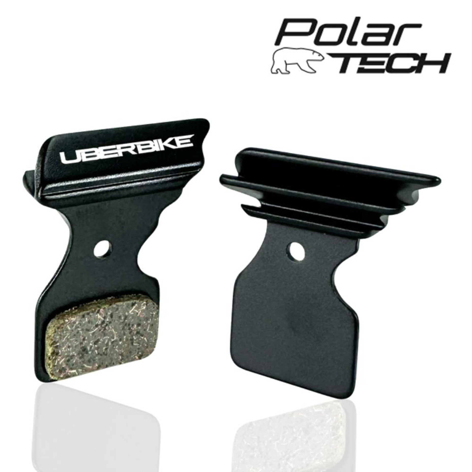 Two black brake pads on a white background, featuring Uberbike and Polar Tech logos.