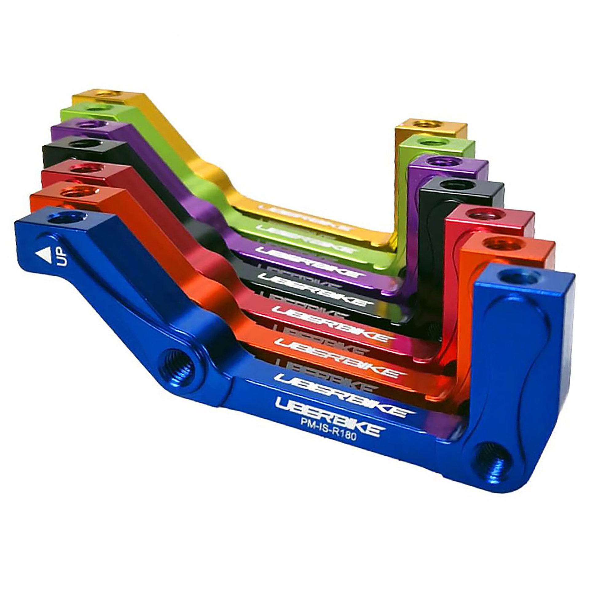 7 different coloured Post mount to international standard adapter with Uberbike branding on a white background