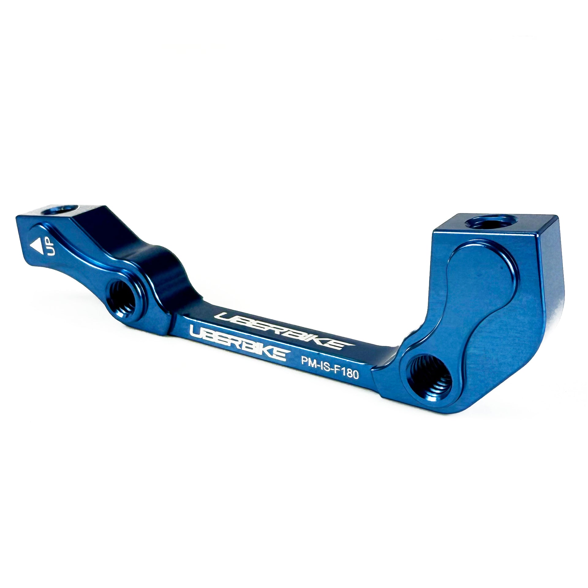 Post mount to international standard front 180mm disc brake adapter in blue on a white background
