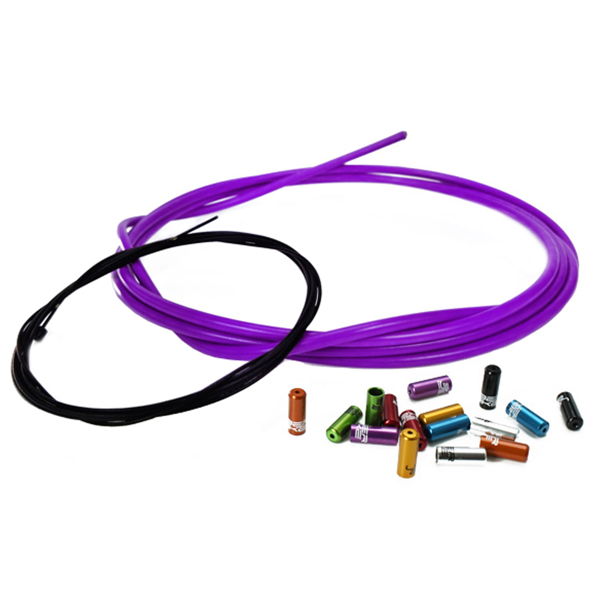 Purple gear cable with gear inner wire and various sealed ferrules on a white background