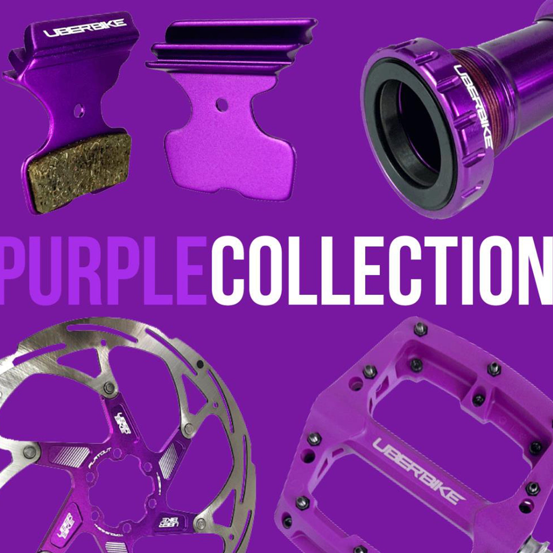 Purple bike components with 'Purple Collection' text on a purple background