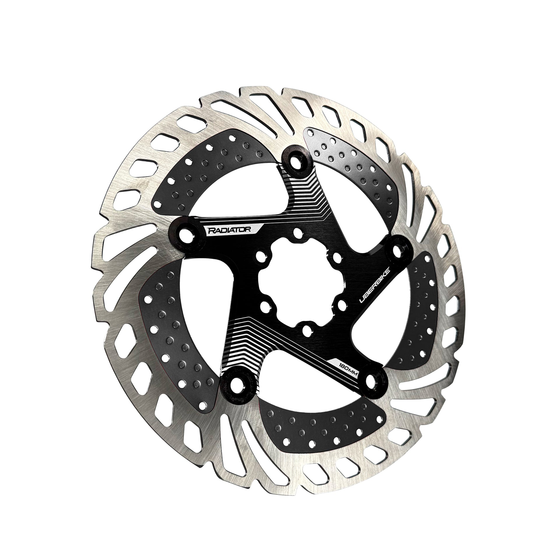 black 180mm disc brake rotor in a radiator design on a white background