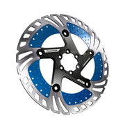 blue 203mm disc brake rotor in a radiator design on a white background