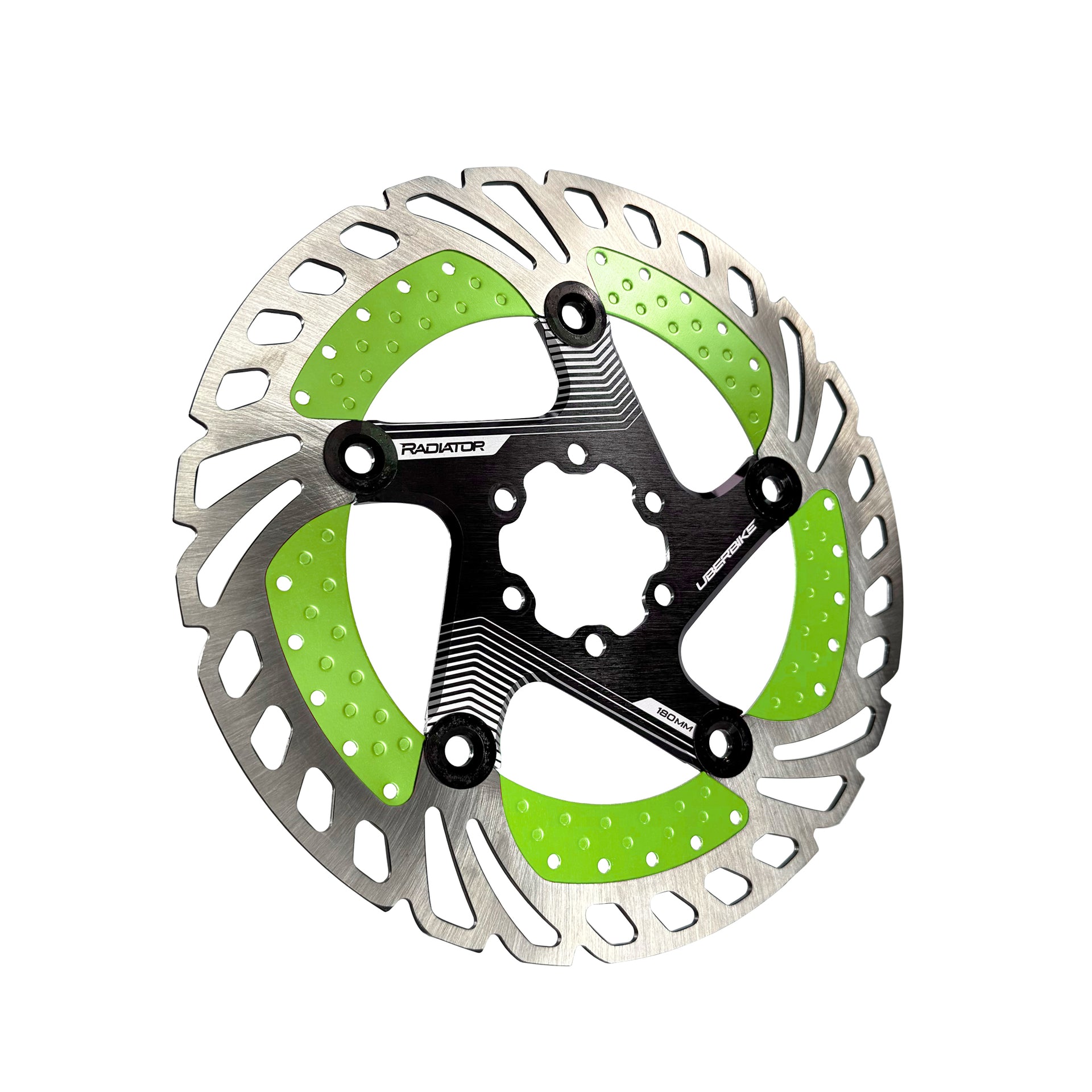 green 180mm disc brake rotor in a radiator design on a white background