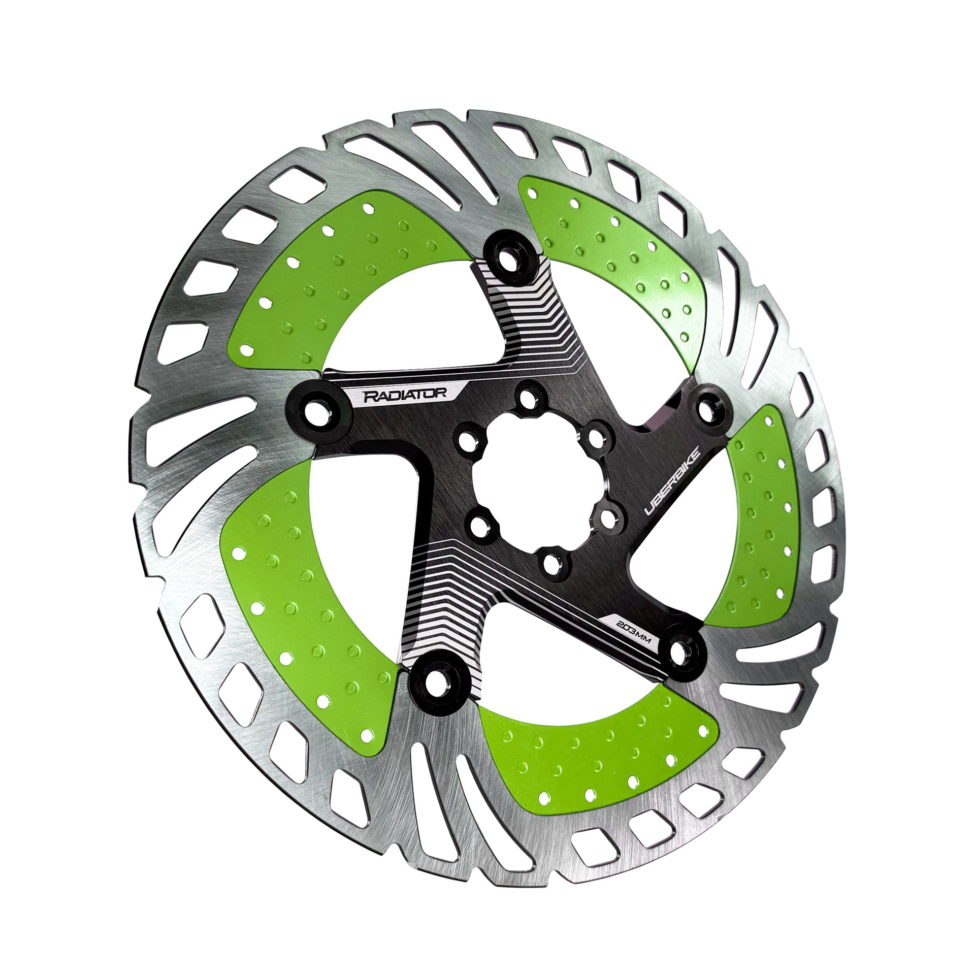 green 203mm disc brake rotor in a radiator design on a white background