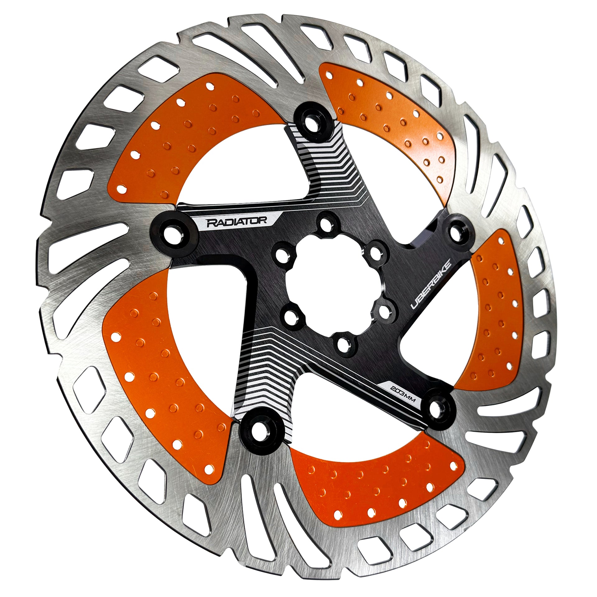 orange 203mm disc brake rotor in a radiator design on a white background