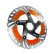 orange 203mm disc brake rotor in a radiator design on a white background