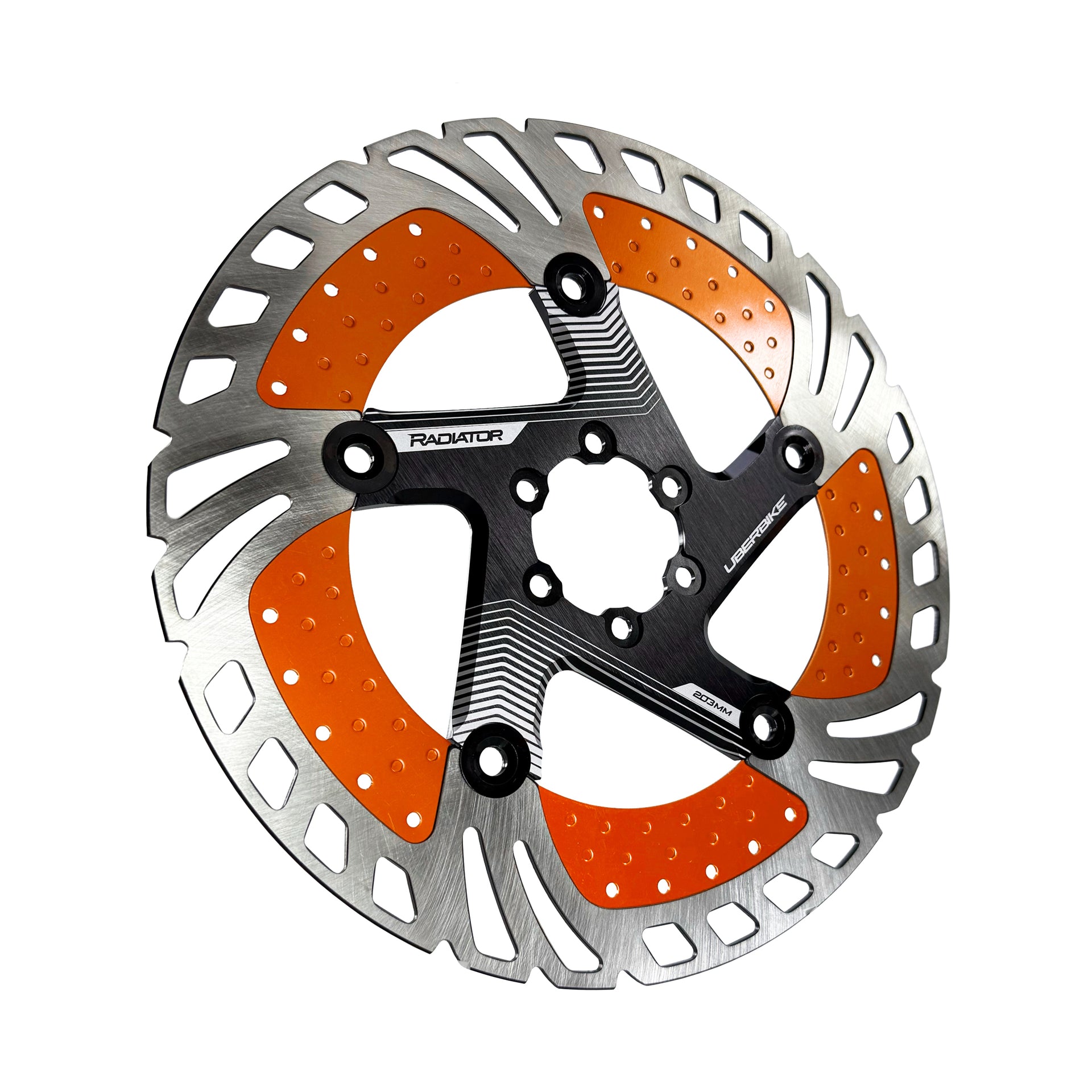 orange 203mm disc brake rotor in a radiator design on a white background