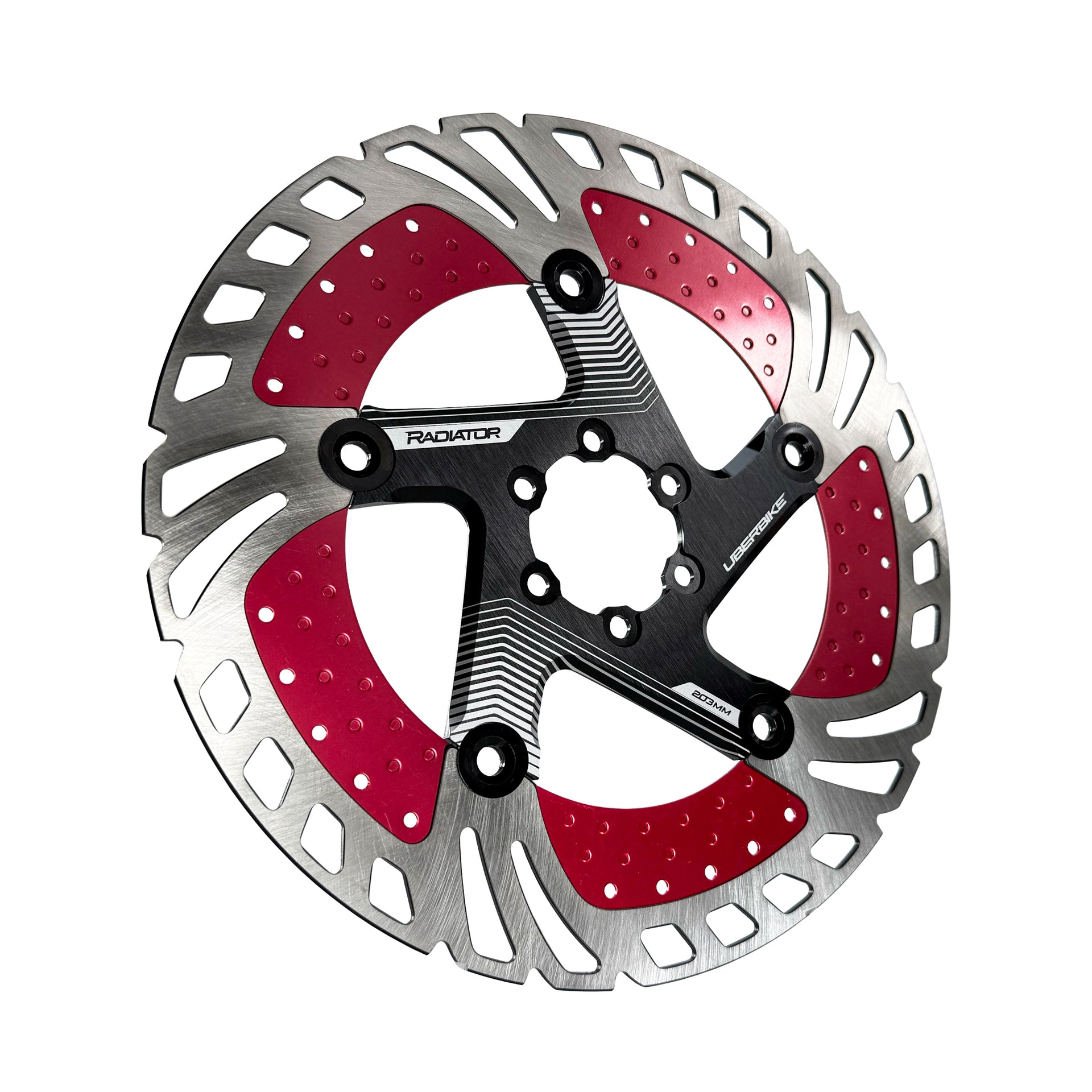 red 203mm disc brake rotor in a radiator design on a white background