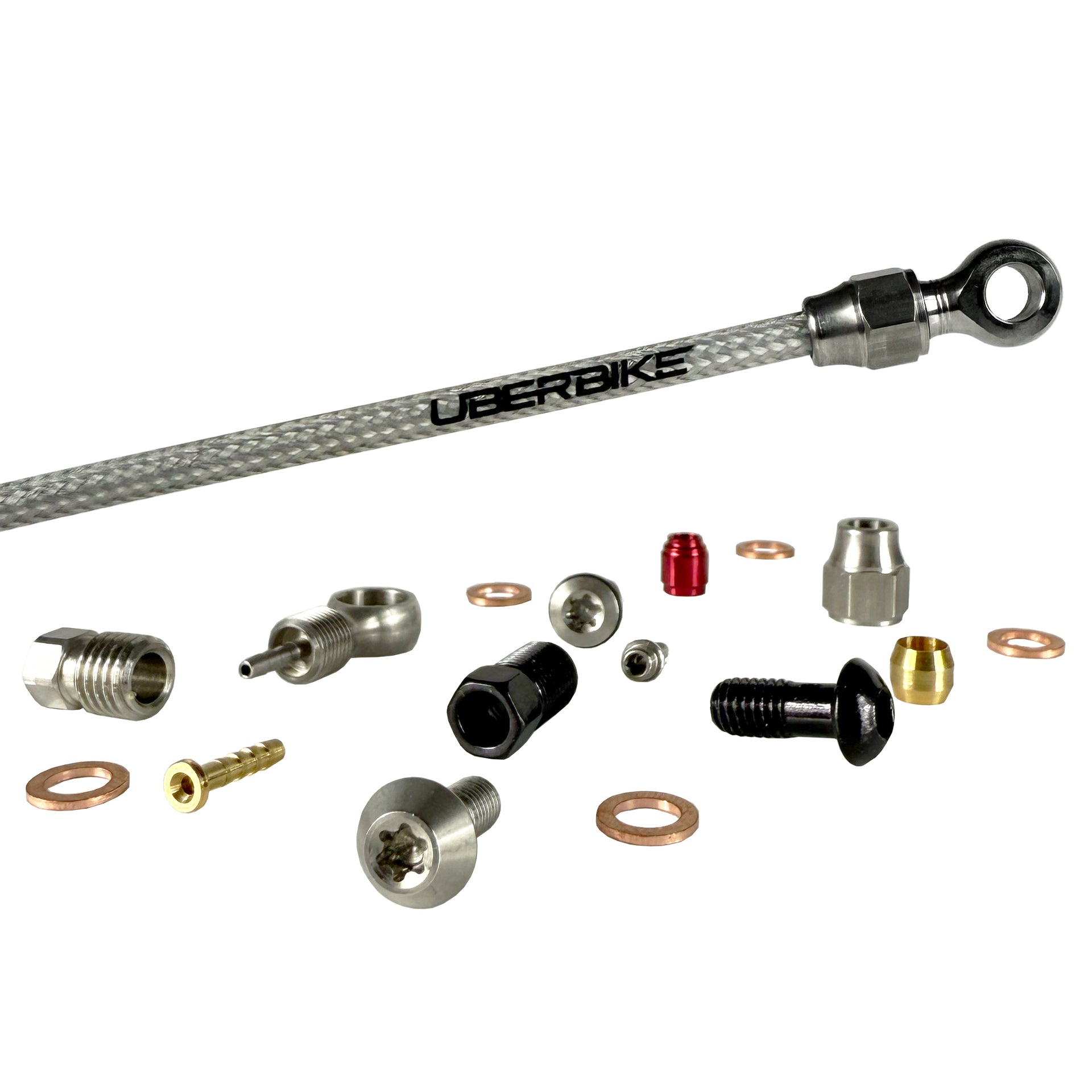 Raw stainless braid hydraulic hose kit and fittings on a white background