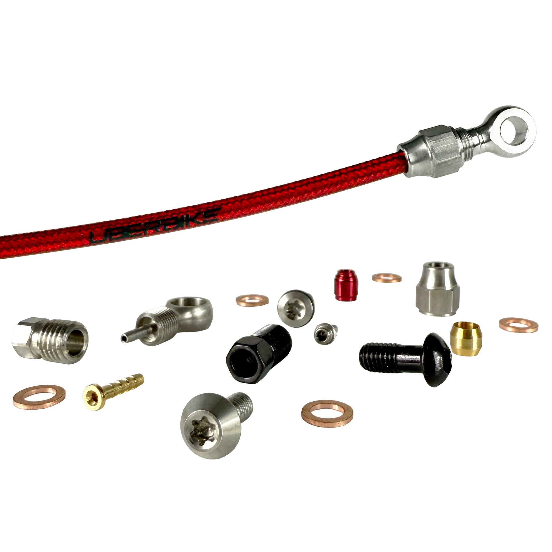 Red braid hydraulic brake hose and fittings on a white background