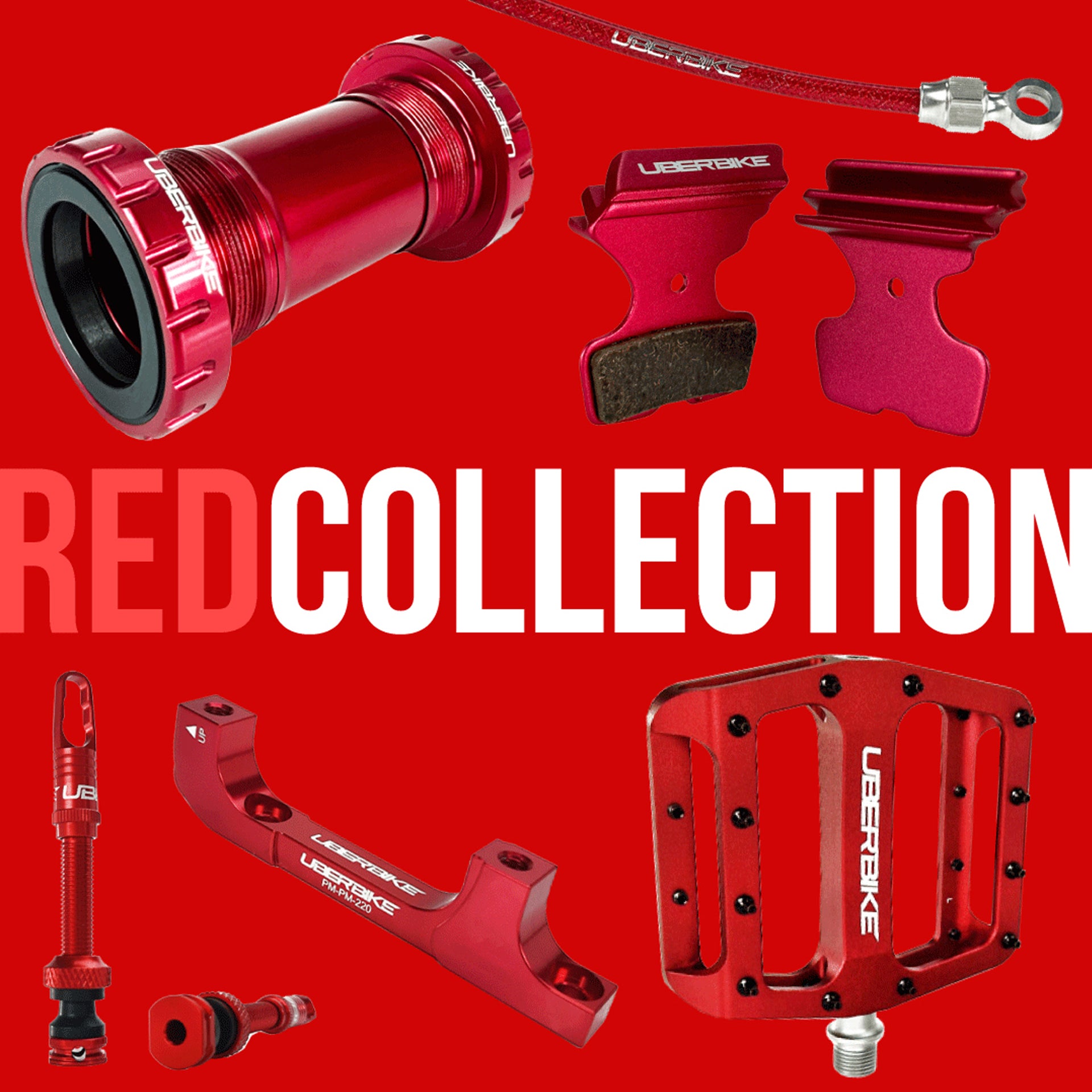 Red bicycle components on a red background with 'Red collection;' in the middle