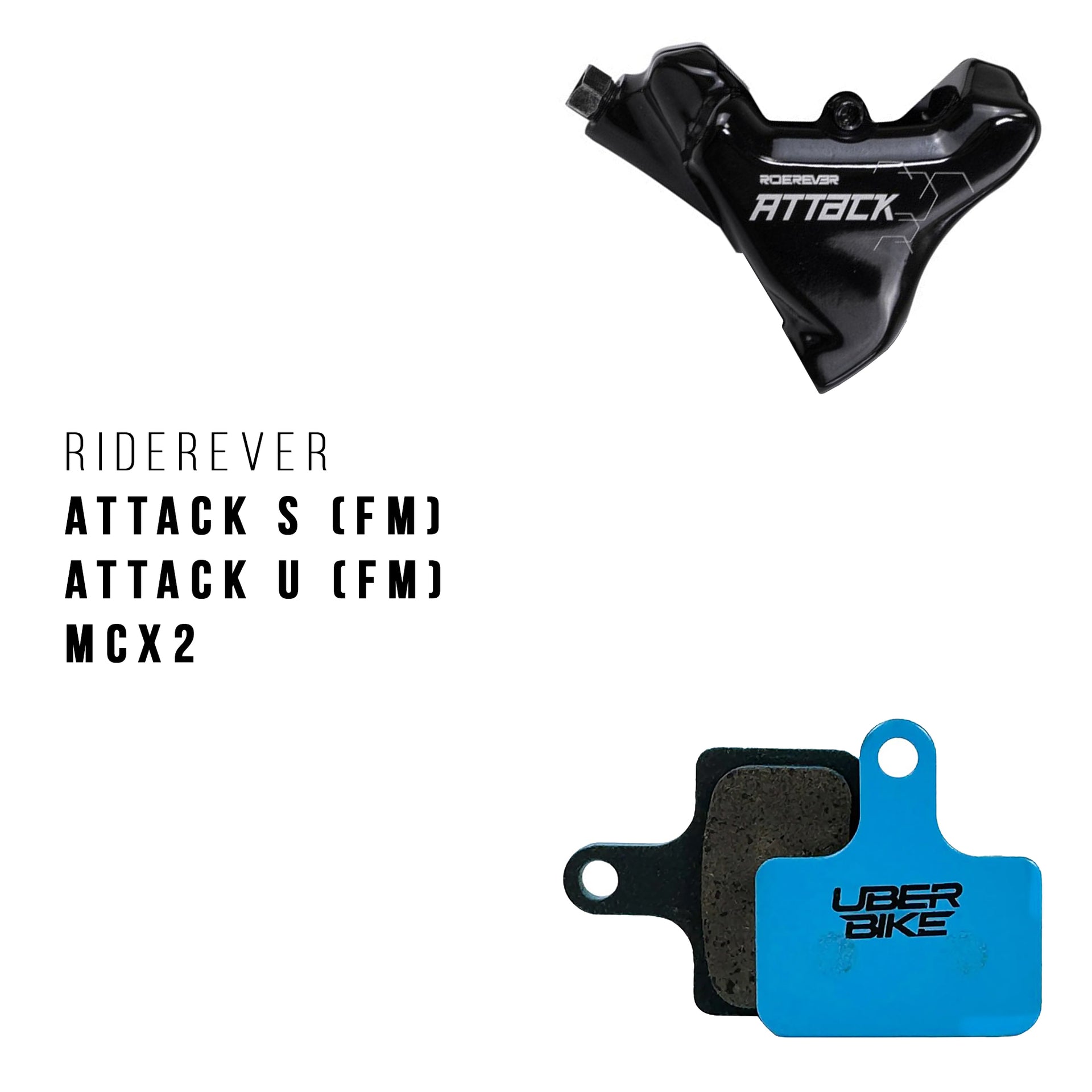 Bicycle brake coaliper with 'Riderever' and 'UberBike' brake pads branding on a white background