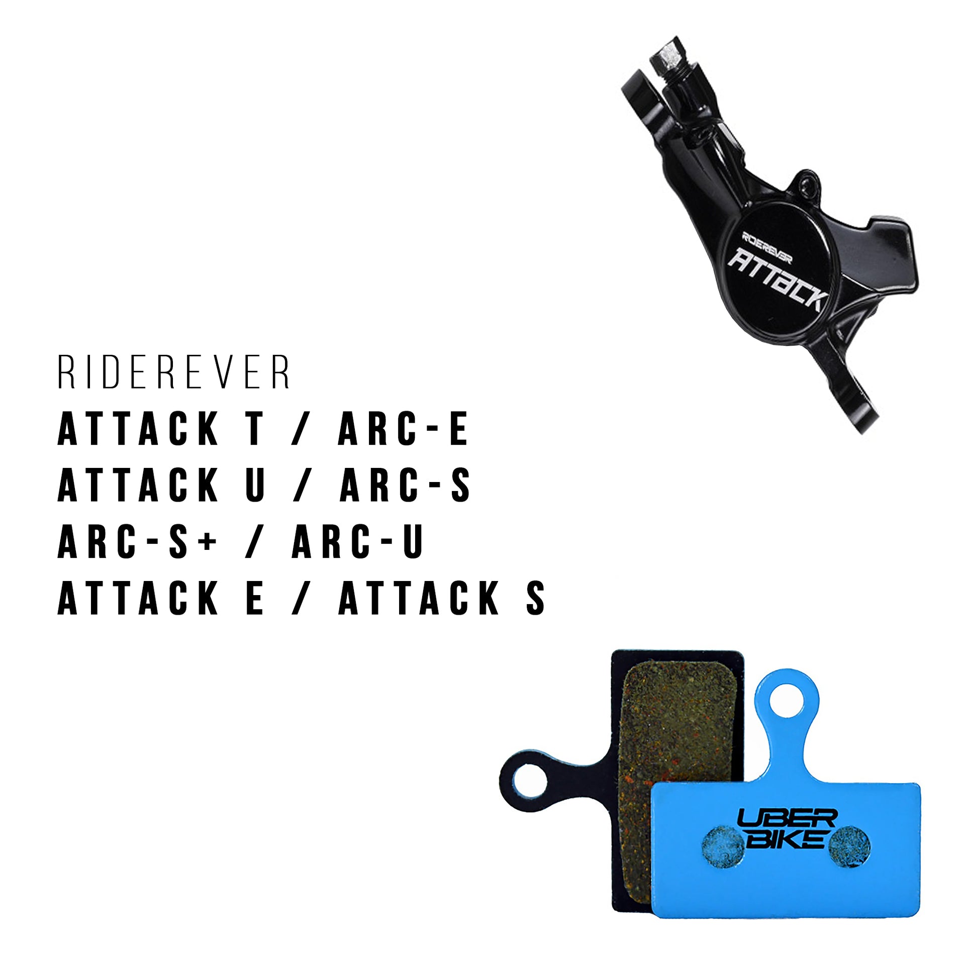 Bicycle brake caliper with 'Riderever Attack T' branding with uberbike brake pads on a white background