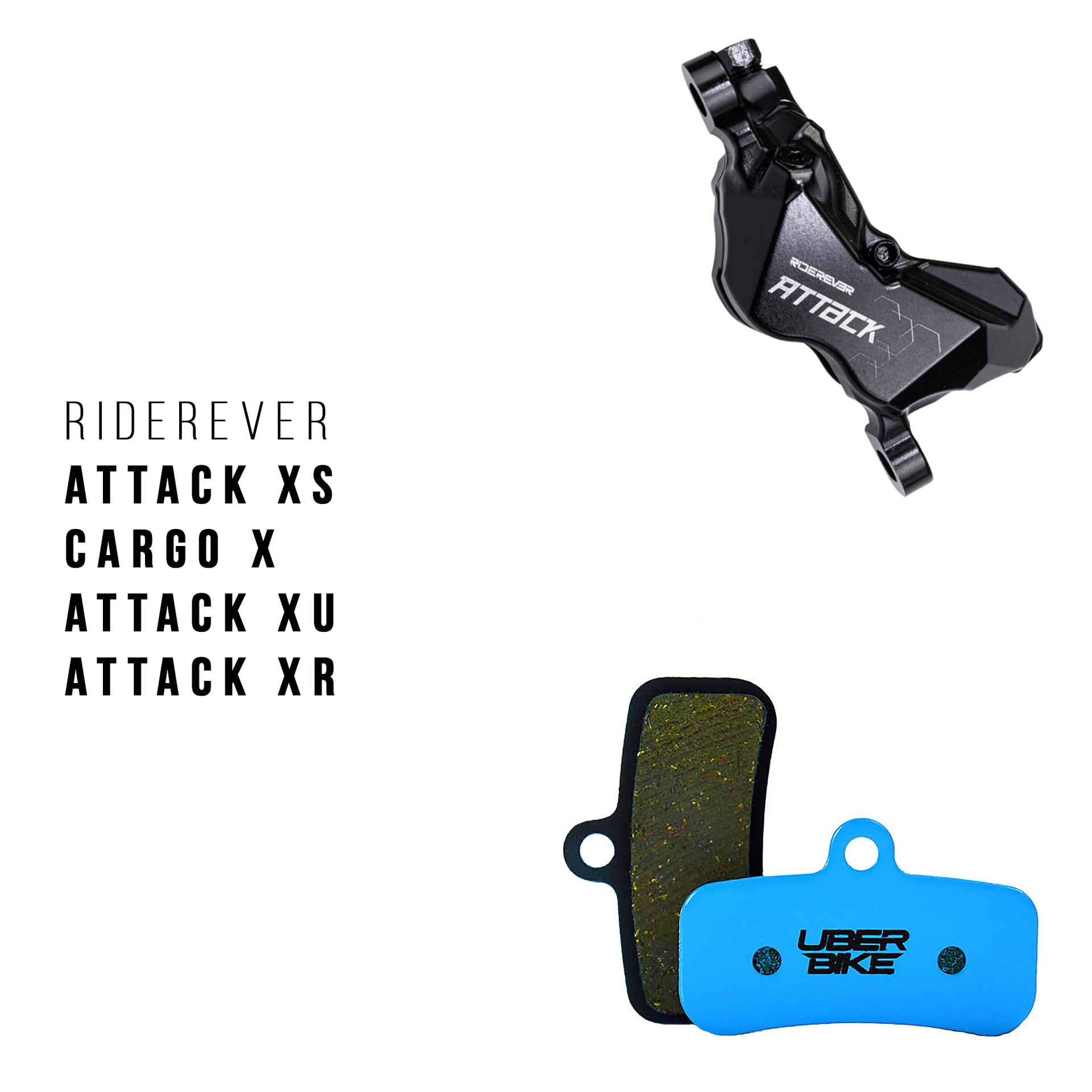 Bicycle brake caliper and pads with 'Riderever' branding and Uberbike brake pads on a white background