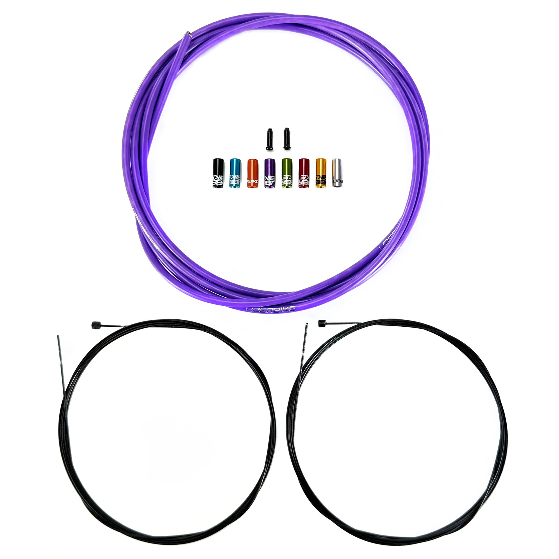 Purple gear cable, two gear inner wires, end caps and sealed ferrules on a white background