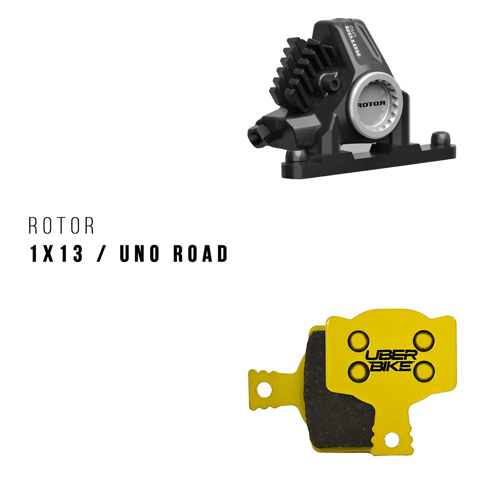 Rotor uno road caliper with Uberbike branded brake pads on a white background
