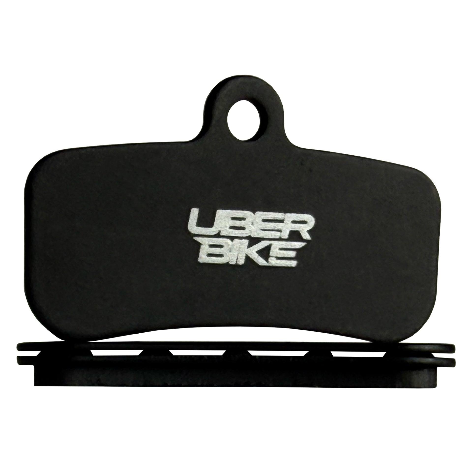 SHIMANO 4 PISTON bicycle brake pad with a white 'UBER BIKE' logo, displayed on a black vented pad on white background