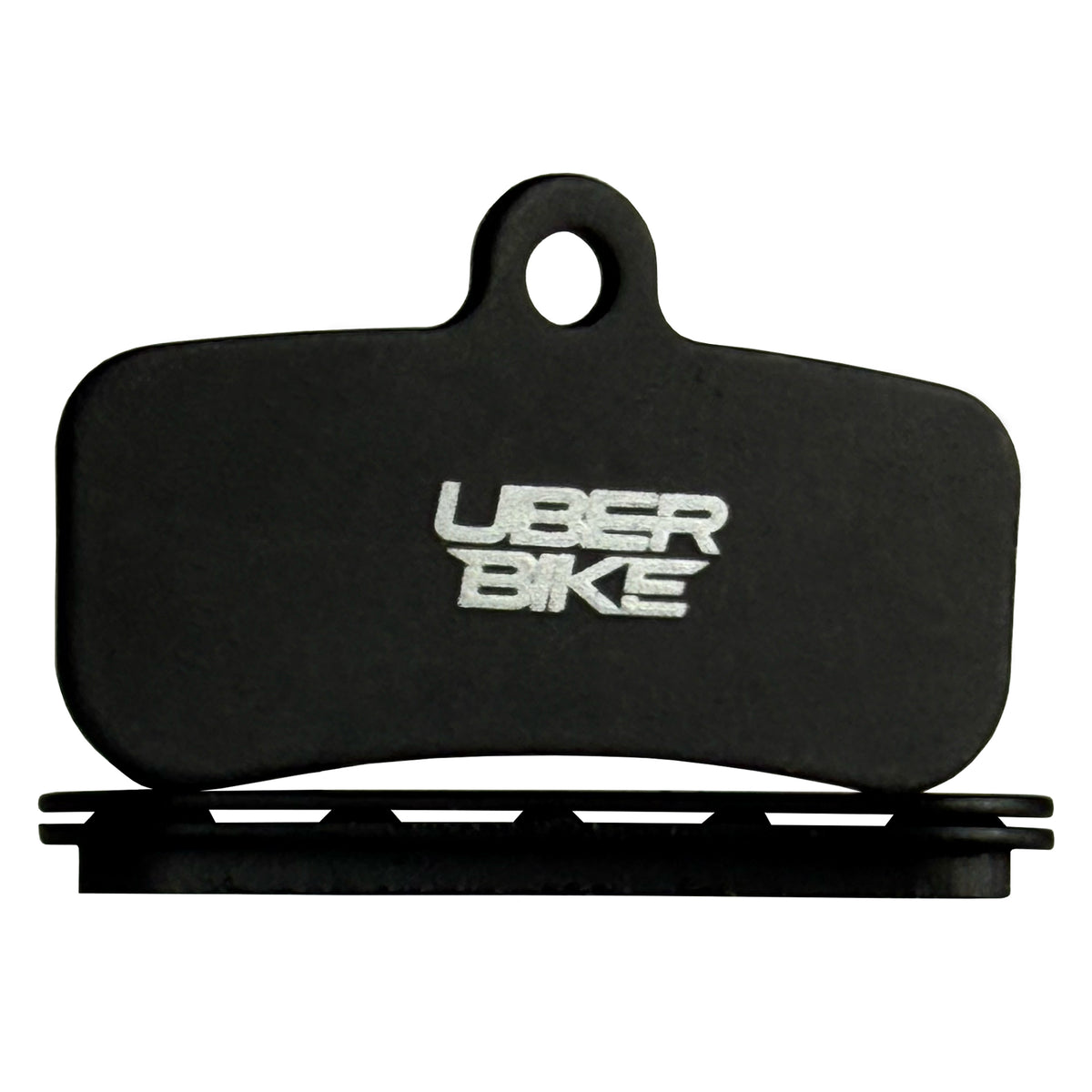 Shimano saint m8020 bicycle brake pads with the brand name 'UBERBIKE' printed in white on the front, with a vented backplate shown against a plain white background