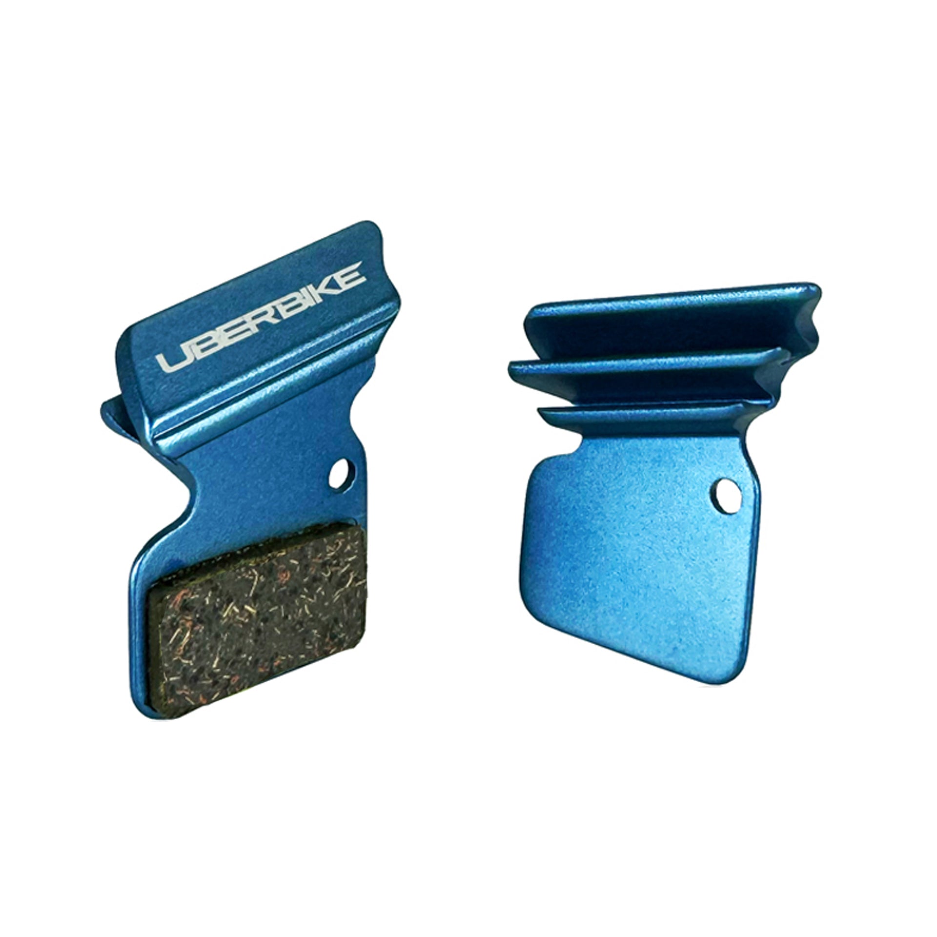 blue finned sram apex 1 brake pads on a white background