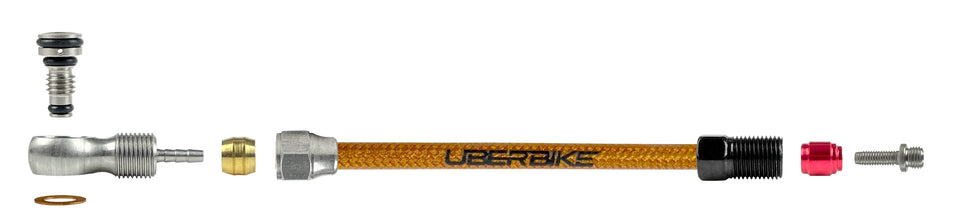 a diagram showing sram kevlar braid hydraulic hose with black banjo with uberbike branding on a white background
