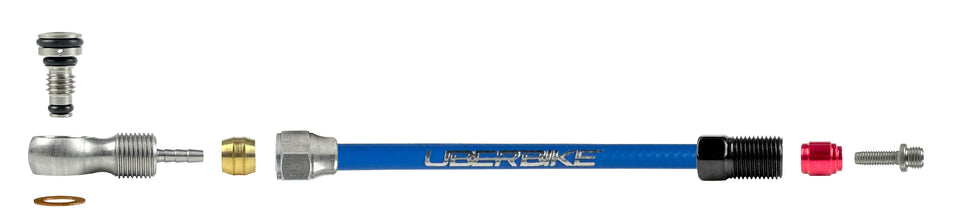 a diagram showing sram kevlar hydraulic hose with black banjo with uberbike branding on a white background