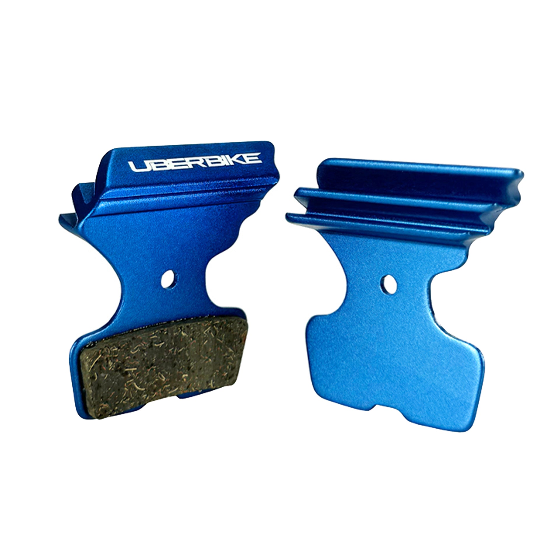Blue finned sram code R disc brake pads on a white background