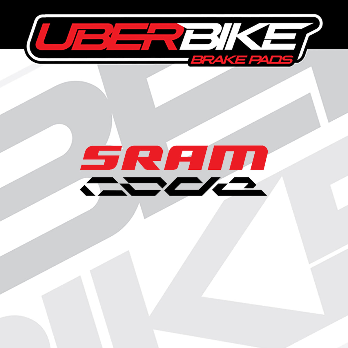 A graphic listing image showing two brake pad logos: 'UBERBIKE BRAKE PADS' at the top and 'SRAM code BRAKE PADS' in the center, on a white and light gray background with a faint large logo pattern