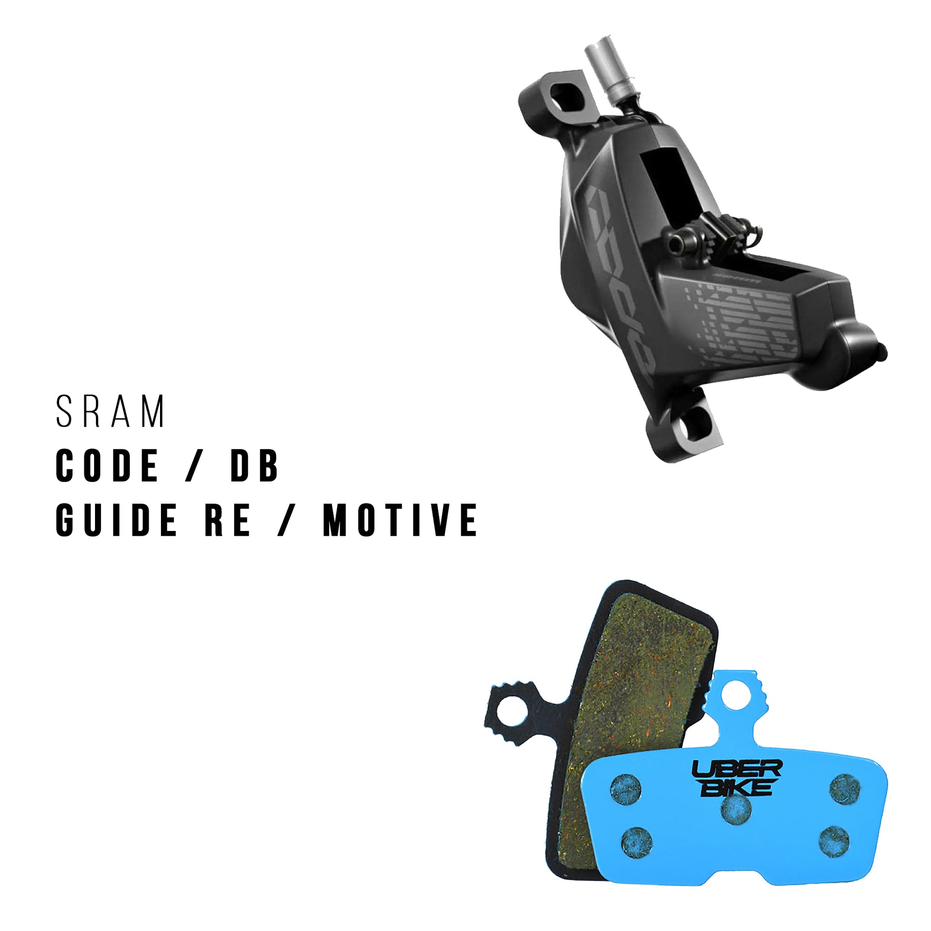 SRAM code brake caliper with uberbike branded brake pads on a white background