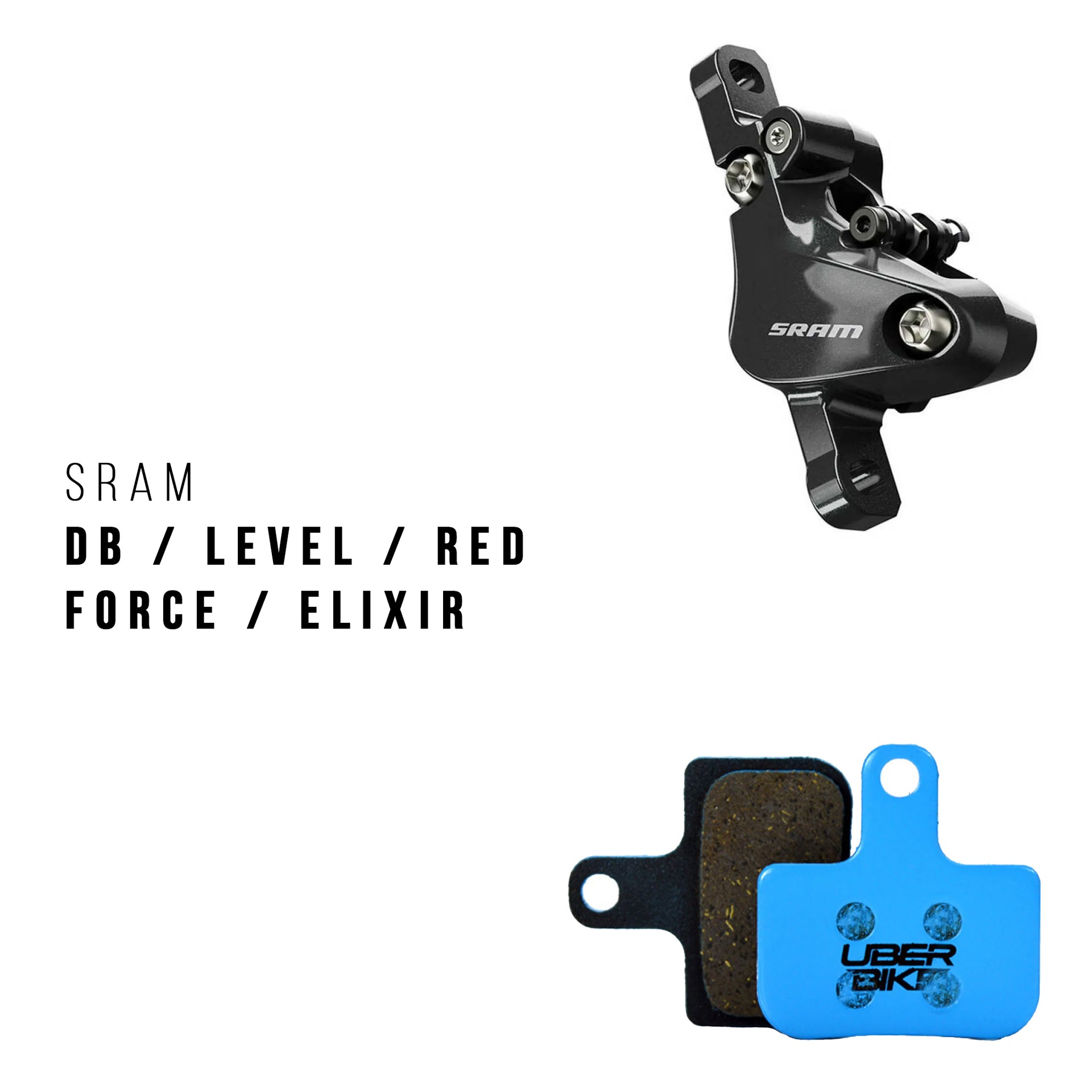 SRAM DB brake caliper and Uber Bike brake pads on a white background