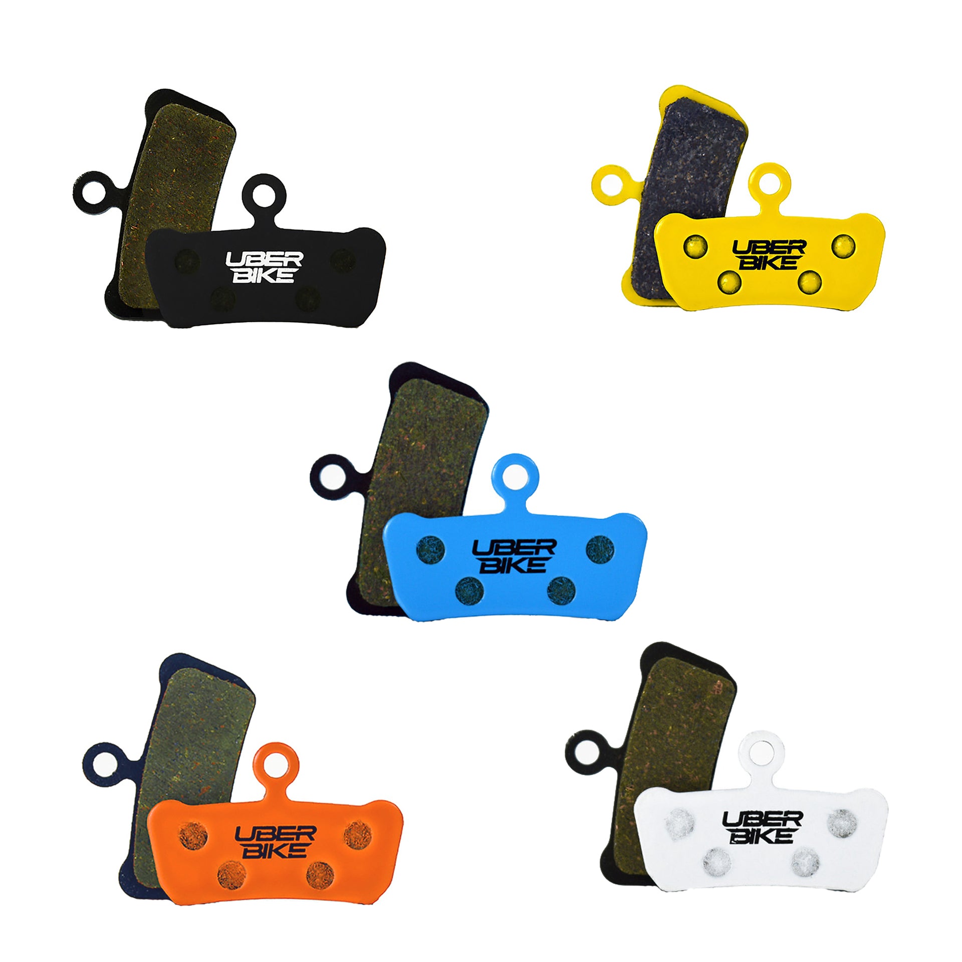 5 different coloured sram G2 brake pads with Uberbike branding on a white background