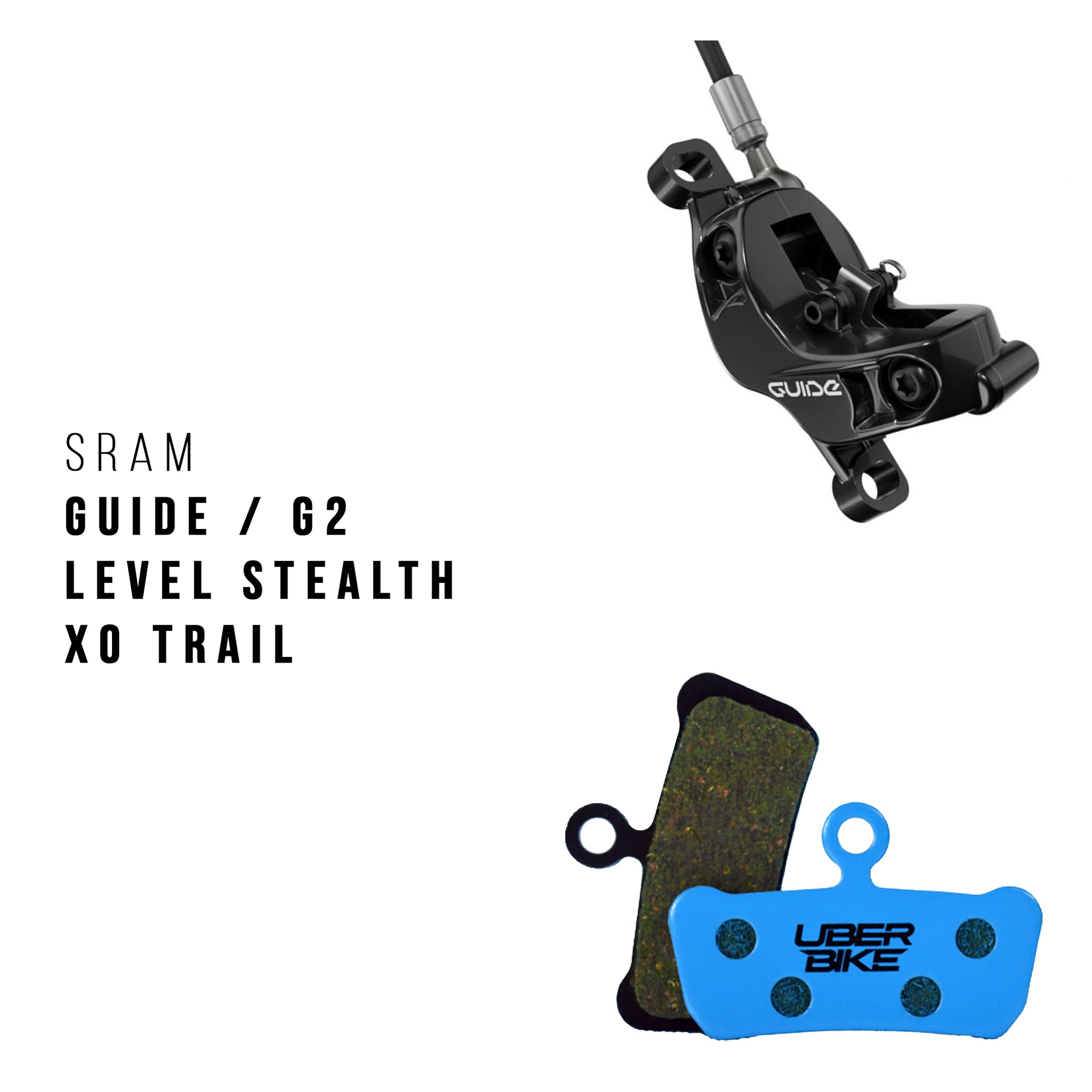 SRAM Guide/G2 brake caliper and Uberbike brake pads on a white background