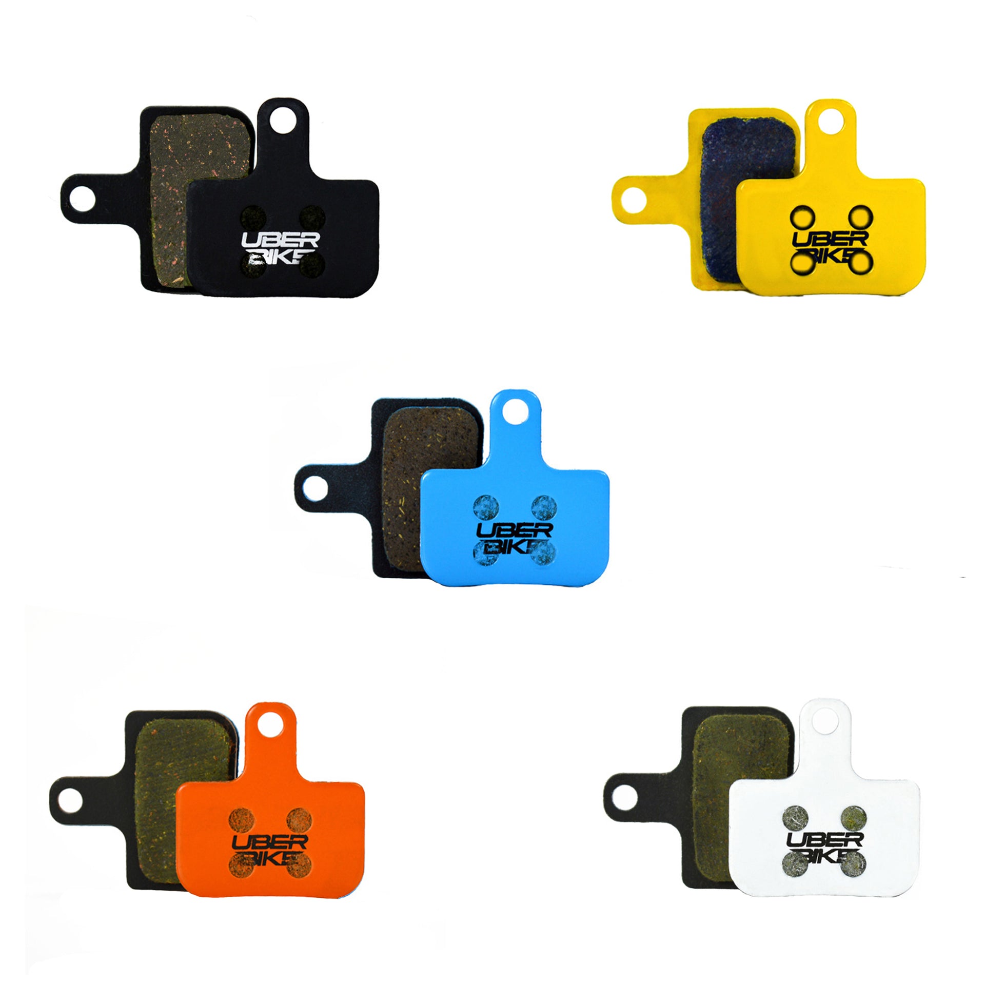 5 different coloured brake pads for SRAM Level Stealth calipers with Uberbike branding on a white background