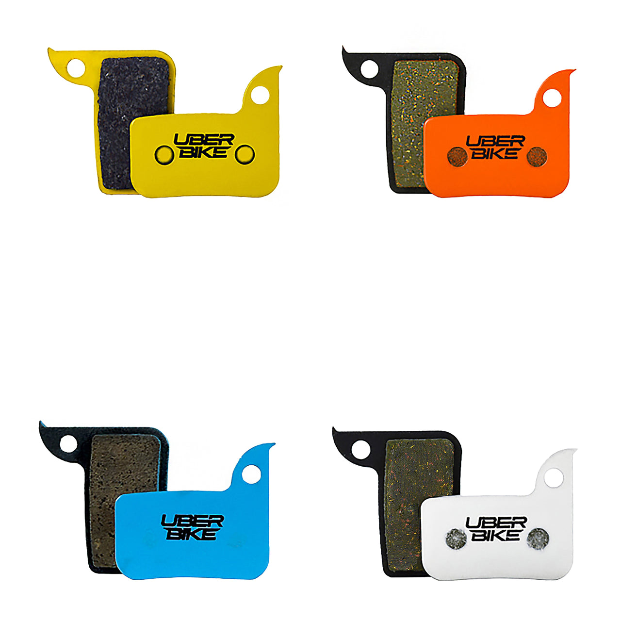 4 different coloured sram level ultimate monoblock brake pads with Uberbike branding on a white background